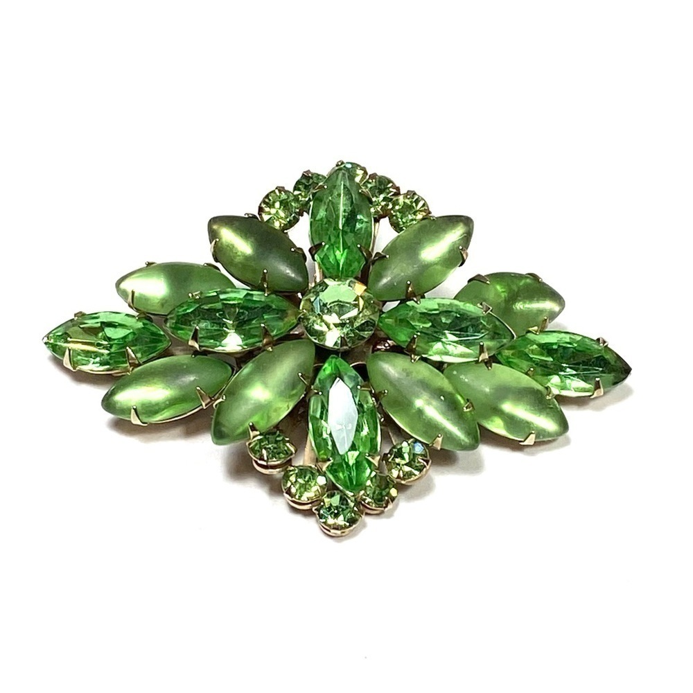 Vintage Brooch Green Glass Acrylic Rhinestones Large Gold Tone Estate